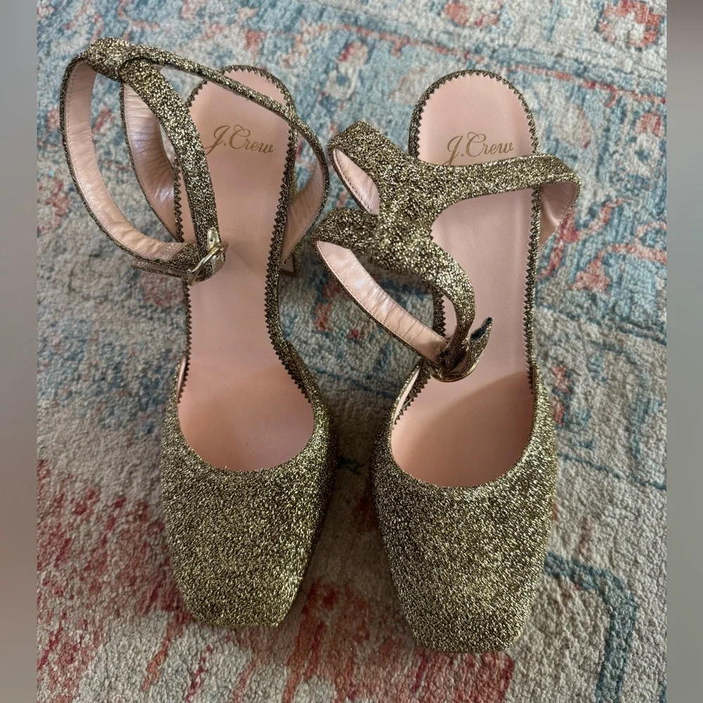 J. CREW Harlowe Ankle Strap Block Heels Gold Glitter Size 9
